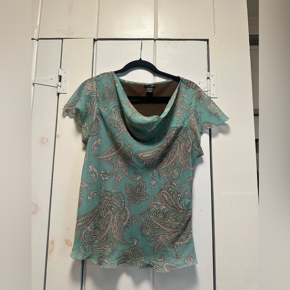 East 5th Teal and Cream Paisley Top